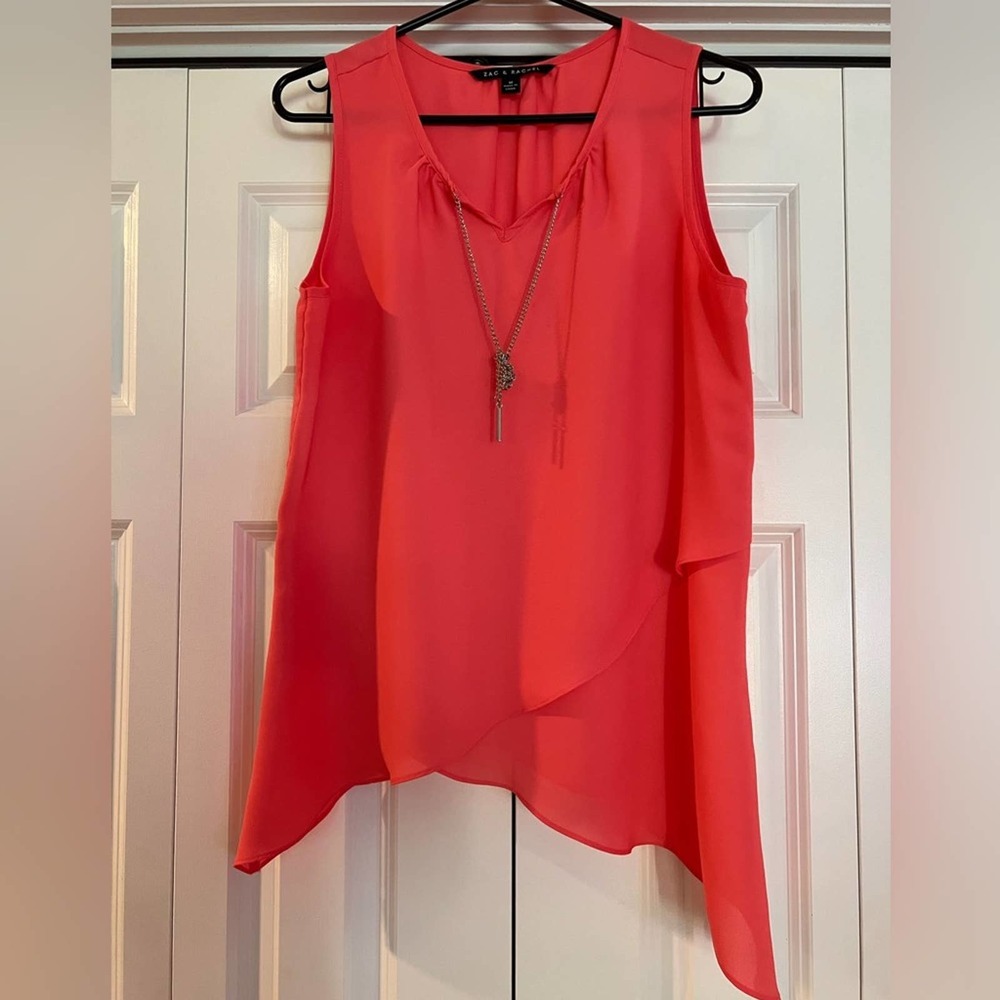 Zac & Rachel Asymmetric Flowing Chain Neckline Tank Blouse Shirt Pink Medium